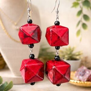 Handcrafted Red Geometric Drop Earrings - Women Jewelry